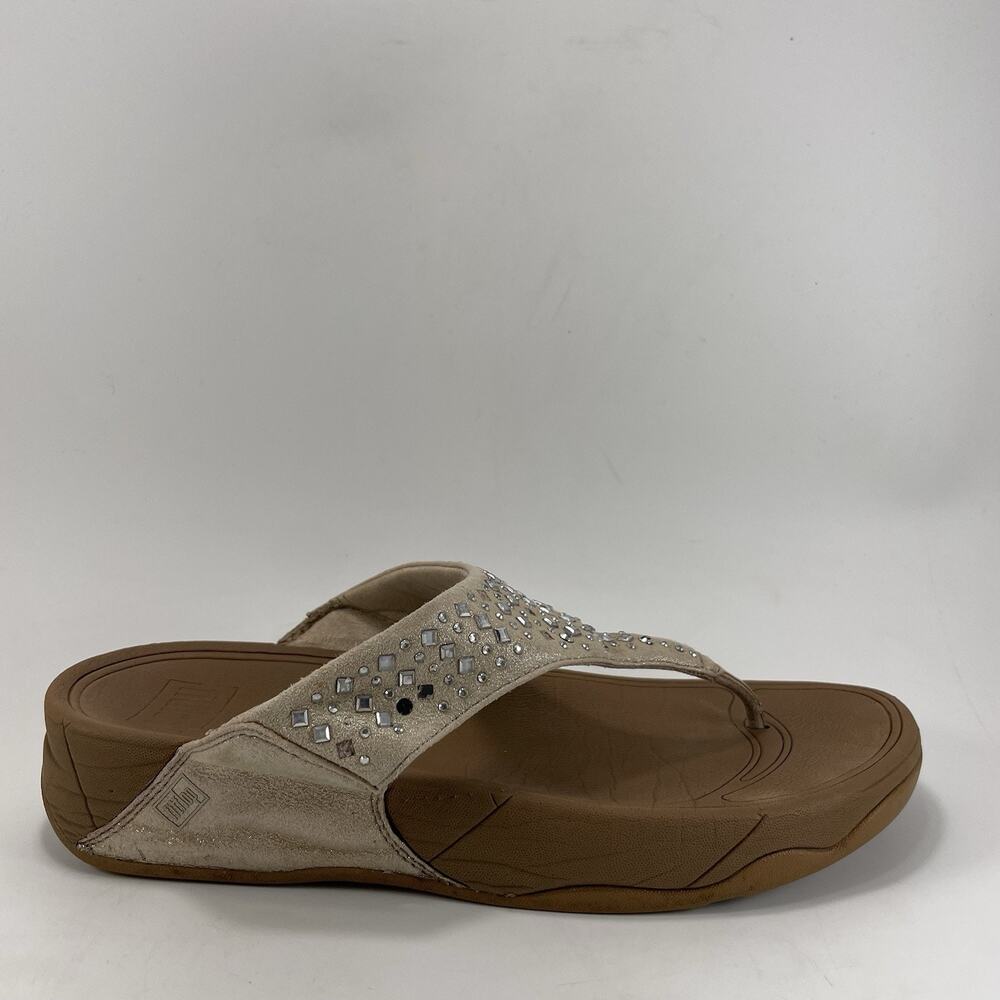 FitFlop Lulu Novy Crystal Embellished Toe Post Sandals Beige Womens US 8 EU 39